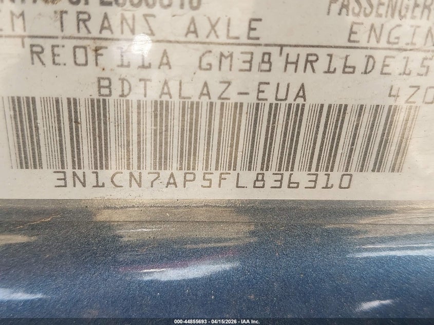 2015 Nissan Versa 1.6 S+ VIN: 3N1CN7AP5FL836310 Lot: 44855693