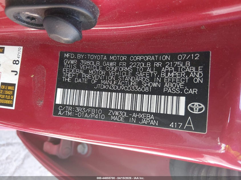 2012 Toyota Prius Three VIN: JTDKN3DU9C0336081 Lot: 44855700