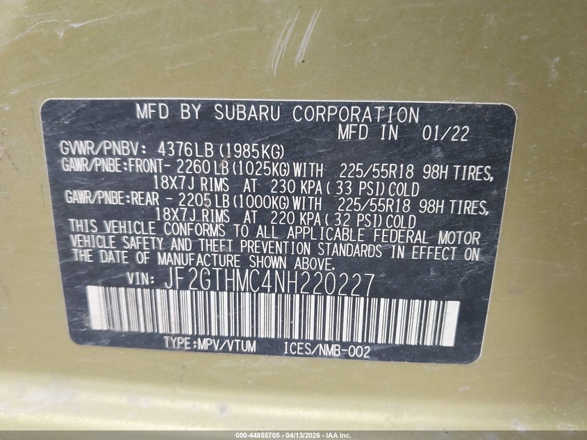 2022 Subaru Crosstrek Limited VIN: JF2GTHMC4NH220227 Lot: 44855705