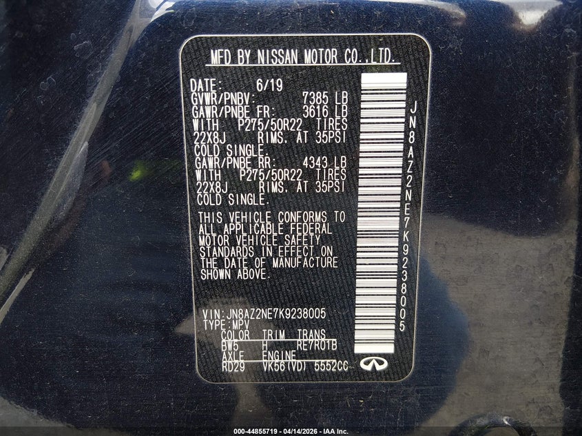 2019 Infiniti Qx80 Luxe VIN: JN8AZ2NE7K9238005 Lot: 44855719
