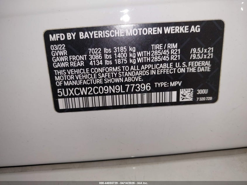 2022 BMW X7 xDrive40I VIN: 5UXCW2C09N9L77396 Lot: 44855729