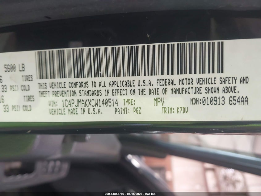 2012 Jeep Liberty Sport VIN: 1C4PJMAKXCW140514 Lot: 44855797