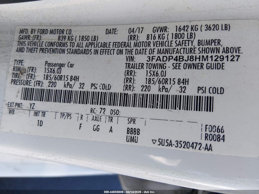 2017 Ford Fiesta Se VIN: 3FADP4BJ8HM129127 Lot: 44855806