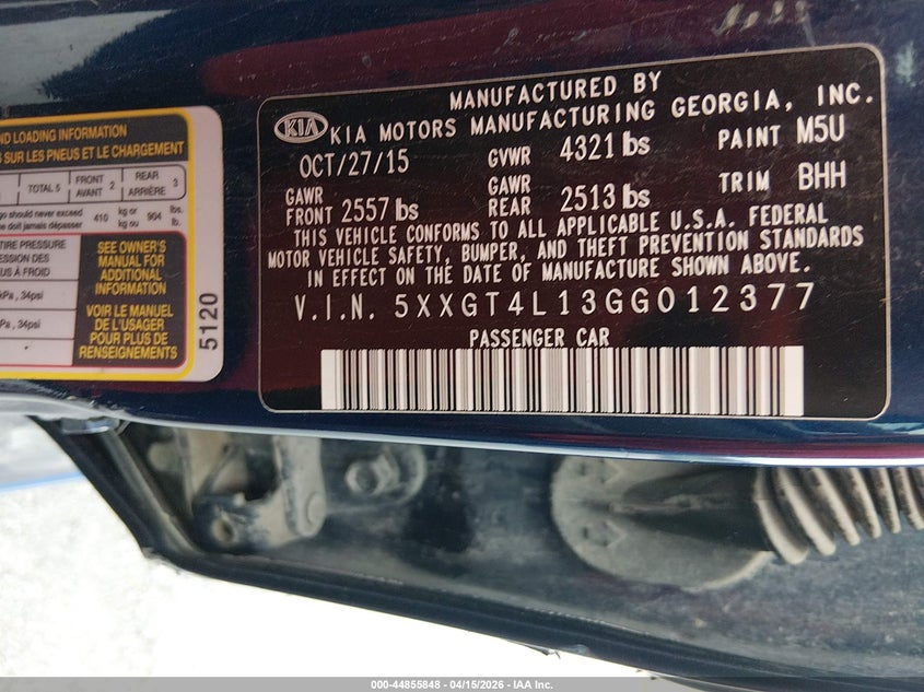 2016 Kia Optima Lx Turbo VIN: 5XXGT4L13GG012377 Lot: 44855848