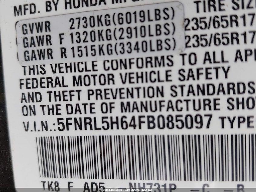 2015 Honda Odyssey Ex-L VIN: 5FNRL5H64FB085097 Lot: 44855870