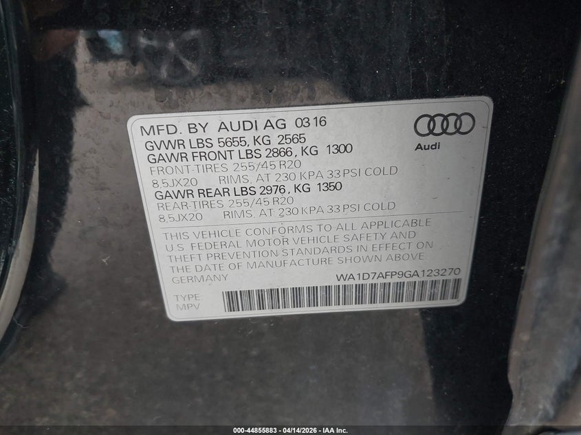 2016 Audi Q5 3.0T Premium Plus VIN: WA1D7AFP9GA123270 Lot: 44855883