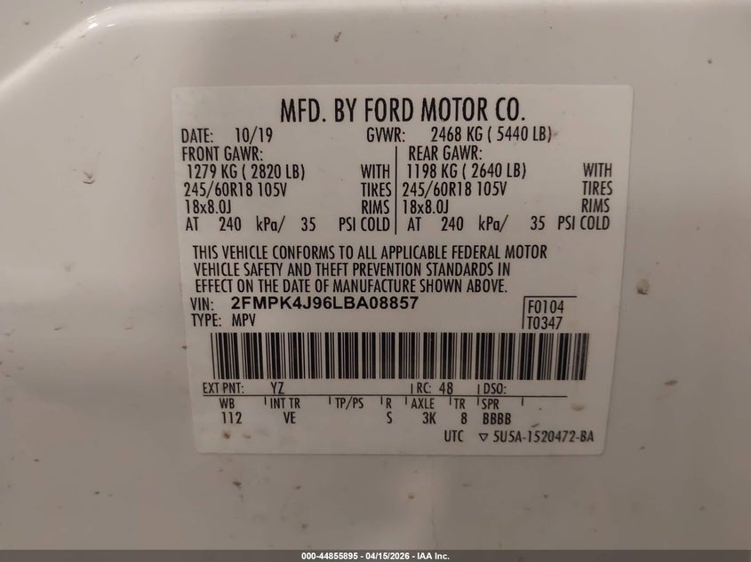 2020 Ford Edge Sel VIN: 2FMPK4J96LBA08857 Lot: 44855895