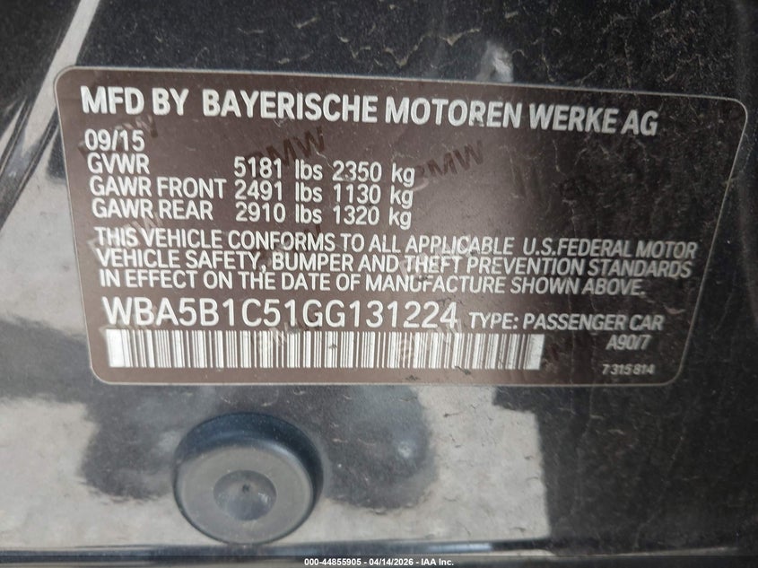 2016 BMW 535I VIN: WBA5B1C51GG131224 Lot: 44855905