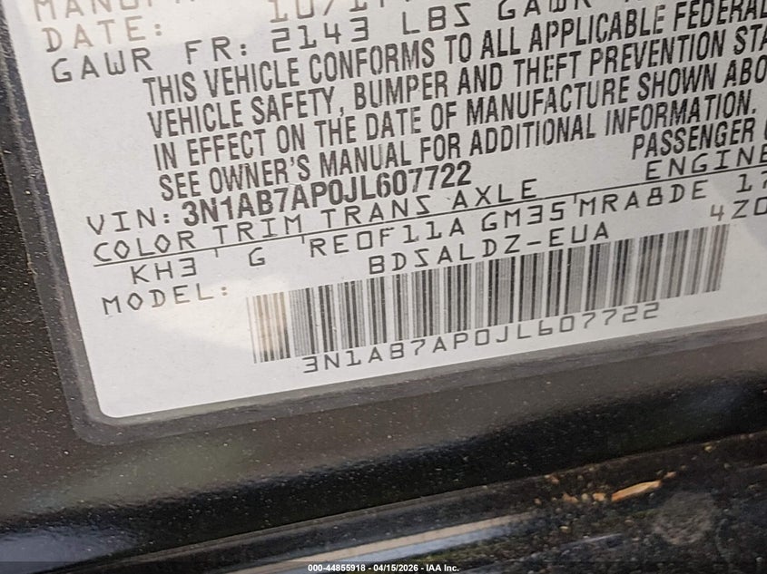 2018 Nissan Sentra Sv VIN: 3N1AB7AP0JL607722 Lot: 44855918