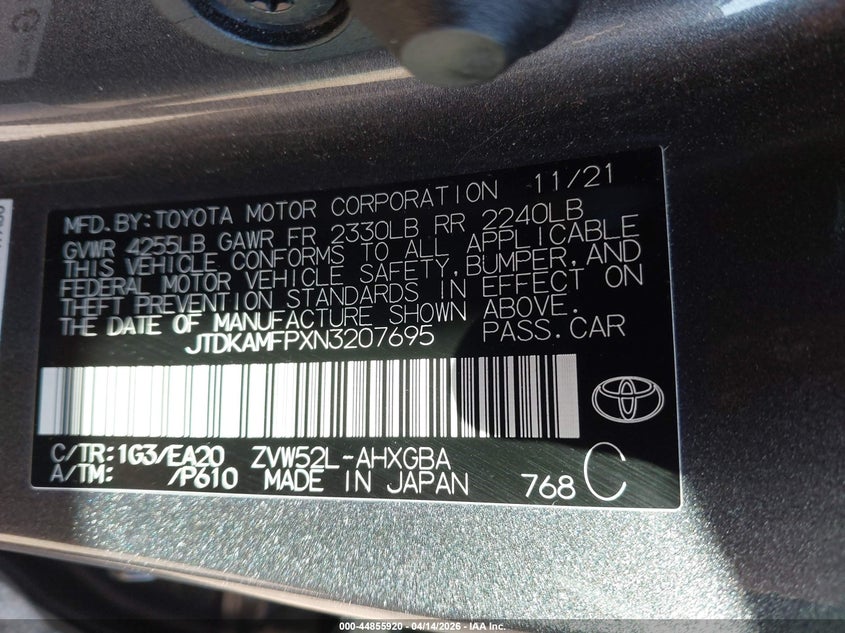 VIN JTDKAMFPXN3207695 2022 TOYOTA PRIUS PRIME XLE
