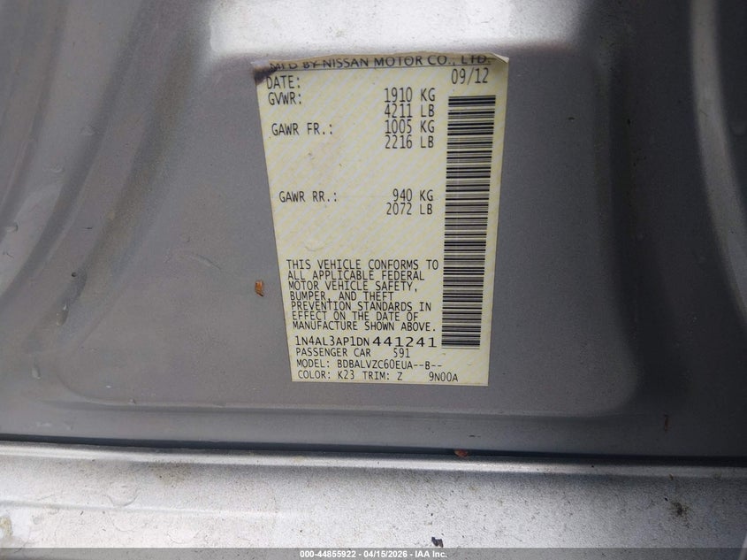 2013 Nissan Altima 2.5 Sl VIN: 1N4AL3AP1DN441241 Lot: 44855922