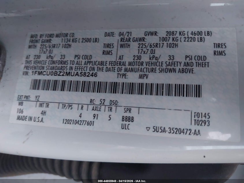 2021 Ford Escape Se Hybrid VIN: 1FMCU0BZ2MUA58246 Lot: 44855948