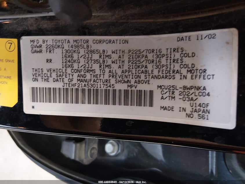 2003 Toyota Highlander Limited V6 VIN: JTEHF21A530117545 Lot: 44855949