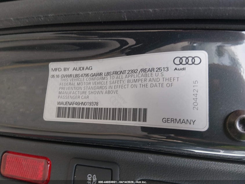 2017 Audi A4 2.0T Premium VIN: WAUENAF46HN019378 Lot: 44855951