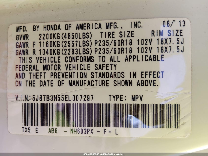 2014 Acura Rdx VIN: 5J8TB3H55EL007297 Lot: 44855955