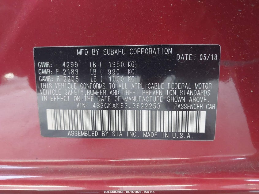 2018 Subaru Impreza 2.0I Sport VIN: 4S3GKAK63J3622253 Lot: 44855958