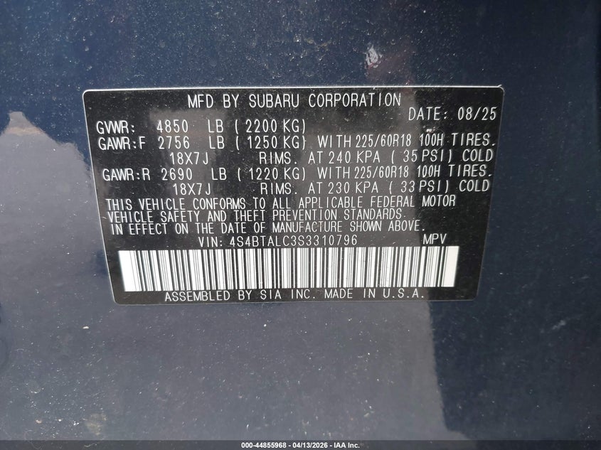 2025 Subaru Outback Onyx Edition VIN: 4S4BTALC3S3310796 Lot: 44855968