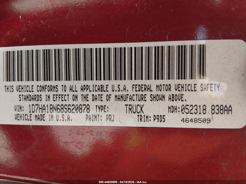 2008 Dodge Ram 1500 Slt VIN: 1D7HA18N68S620878 Lot: 44855999