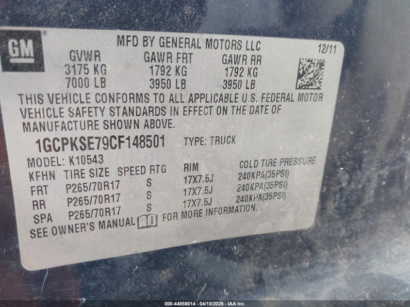 2012 Chevrolet Silverado 1500 Lt VIN: 1GCPKSE79CF148501 Lot: 44856014