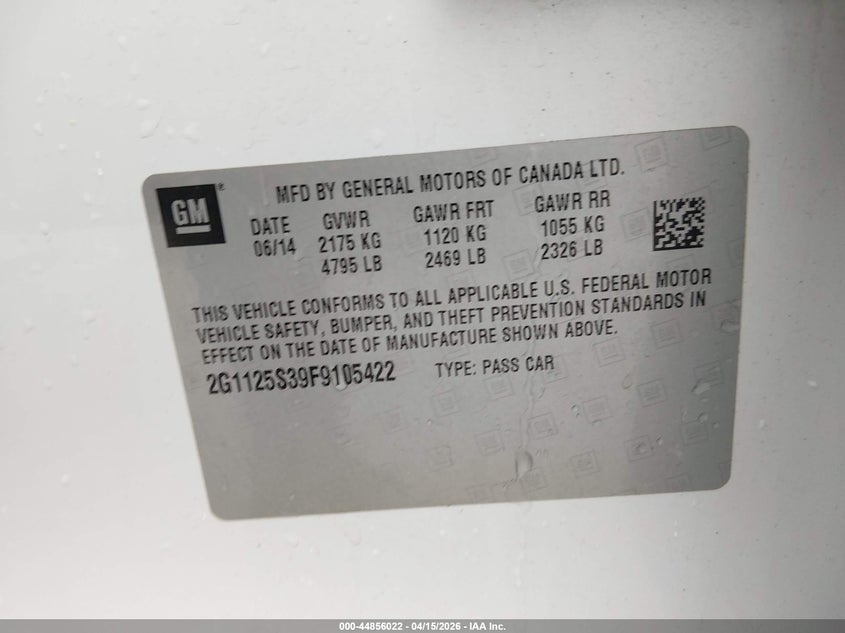 2015 Chevrolet Impala 2Lt VIN: 2G1125S39F9105422 Lot: 44856022