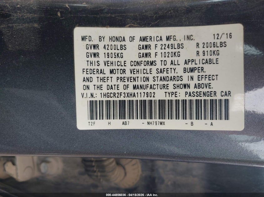 2017 Honda Accord Lx VIN: 1HGCR2F3XHA117902 Lot: 44856036