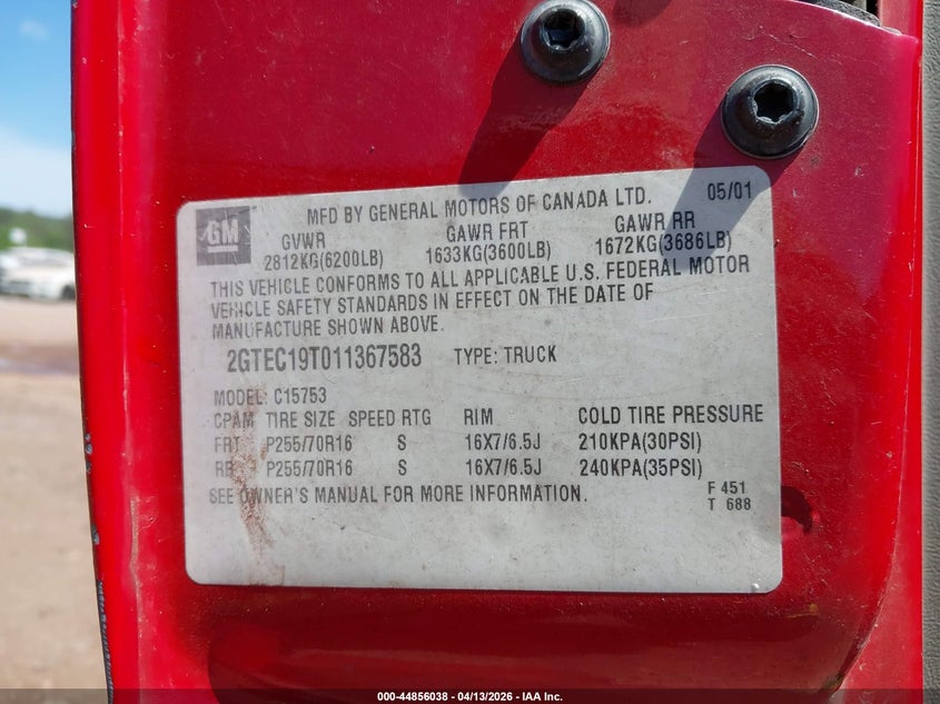 2001 GMC Sierra 1500 Sle VIN: 2GTEC19T011367583 Lot: 44856038