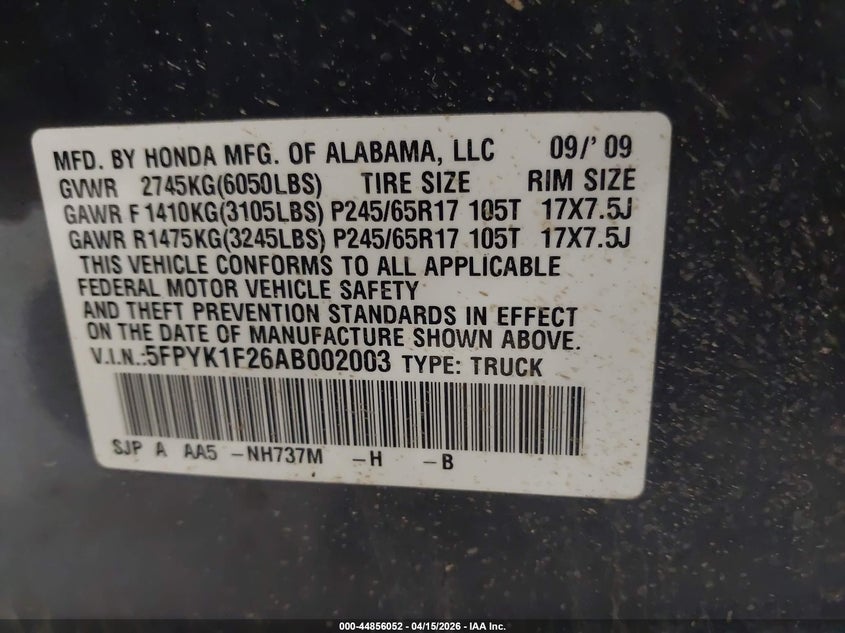 2010 Honda Ridgeline Rt VIN: 5FPYK1F26AB002003 Lot: 44856052