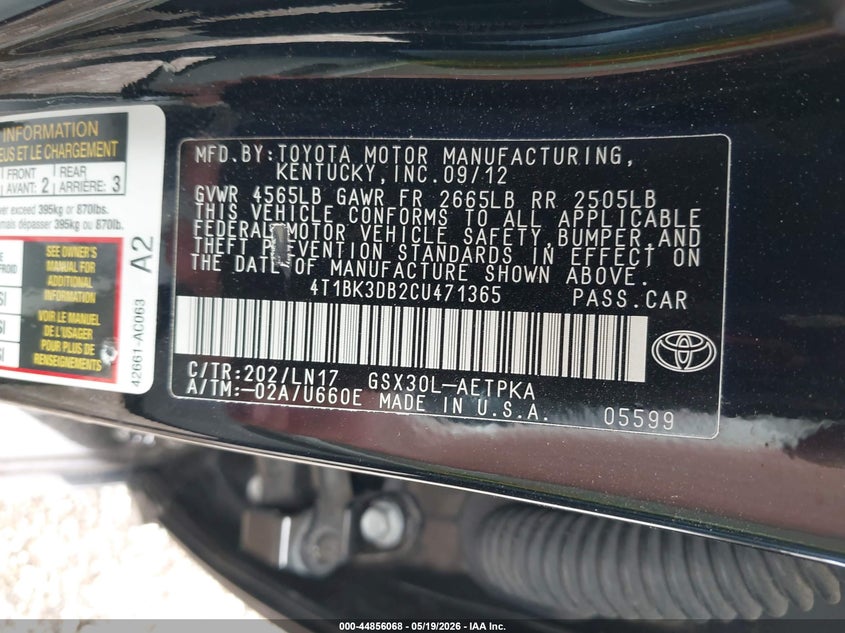 2012 Toyota Avalon 3.5 Limited black Lot 111044856068 Vin 4T1BK3DB2CU471365