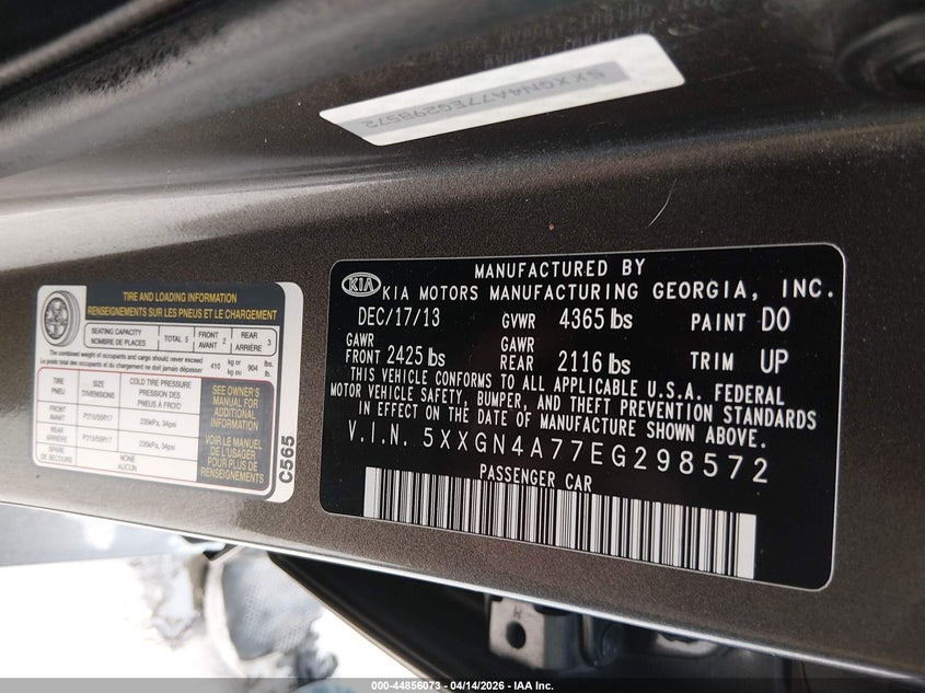 2014 Kia Optima Ex VIN: 5XXGN4A77EG298572 Lot: 44856073