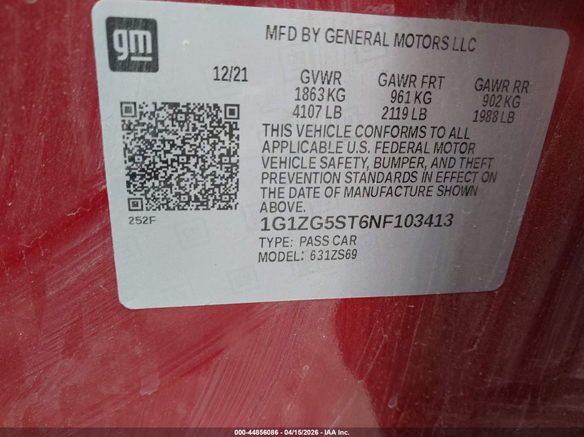 2022 Chevrolet Malibu Fwd Rs VIN: 1G1ZG5ST6NF103413 Lot: 44856086