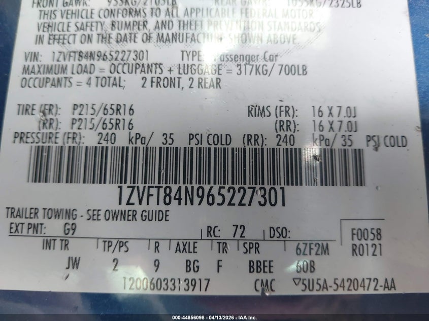 2006 Ford Mustang V6 VIN: 1ZVFT84N965227301 Lot: 44856098