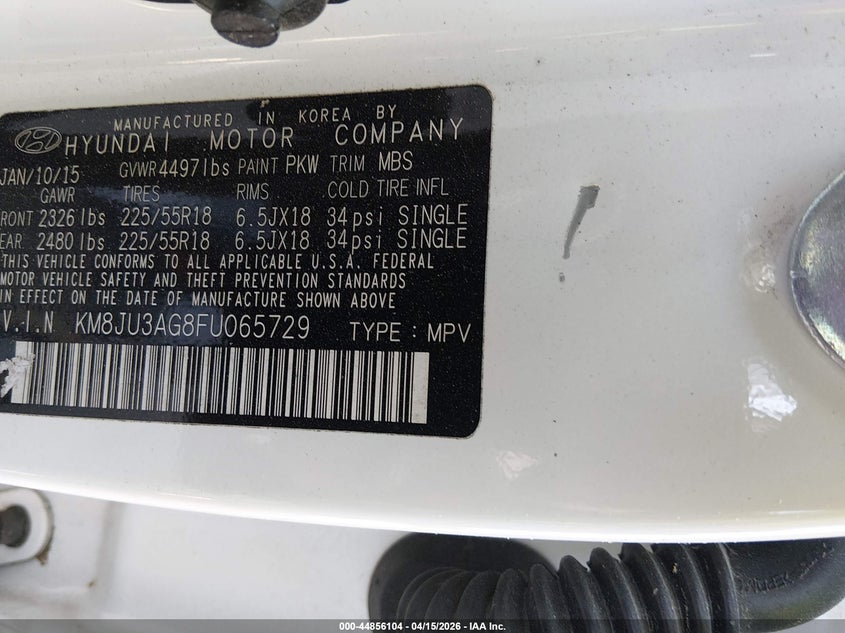 2015 Hyundai Tucson Limited VIN: KM8JU3AG8FU065729 Lot: 44856104