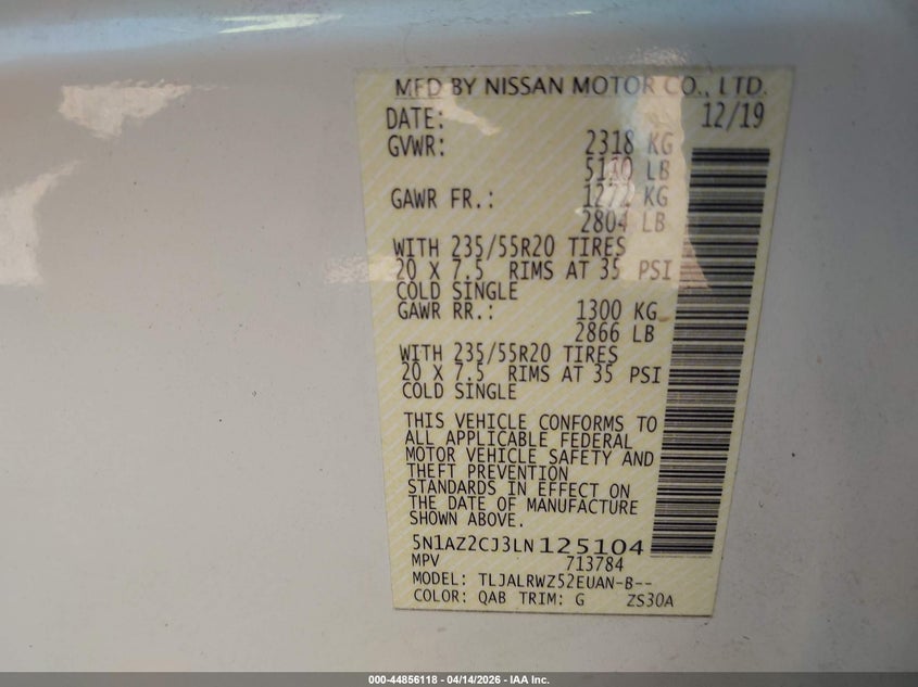 2020 Nissan Murano Sl Fwd VIN: 5N1AZ2CJ3LN125104 Lot: 44856118