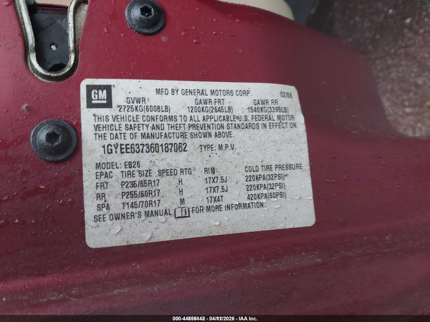 2006 Cadillac Srx V6 VIN: 1GYEE637360187062 Lot: 44856142