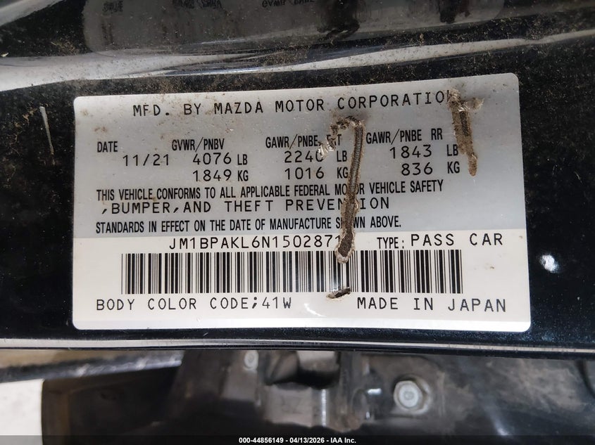 2022 Mazda Mazda3 Select VIN: JM1BPAKL6N1502871 Lot: 44856149