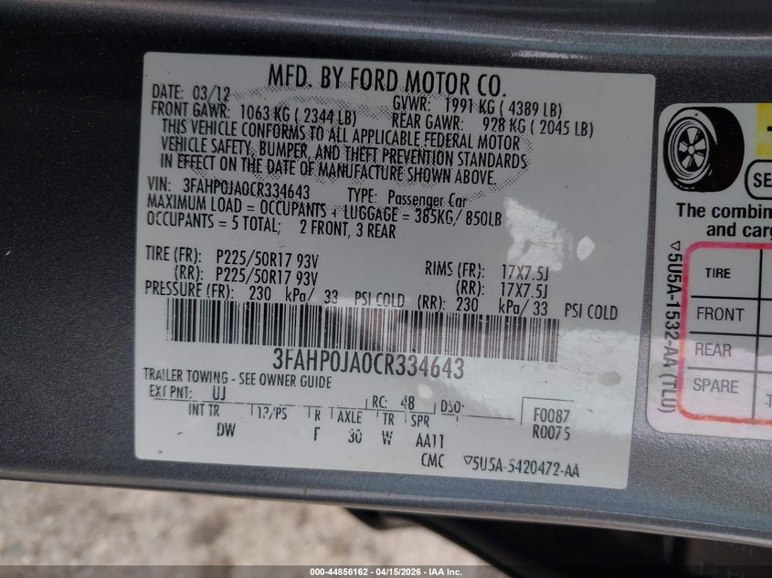 2012 Ford Fusion Sel VIN: 3FAHP0JA0CR334643 Lot: 44856162