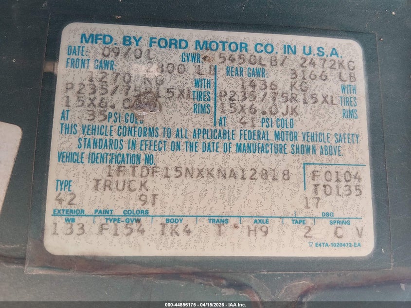 1989 Ford F150 VIN: 1FTDF15NXKNA12818 Lot: 44856175