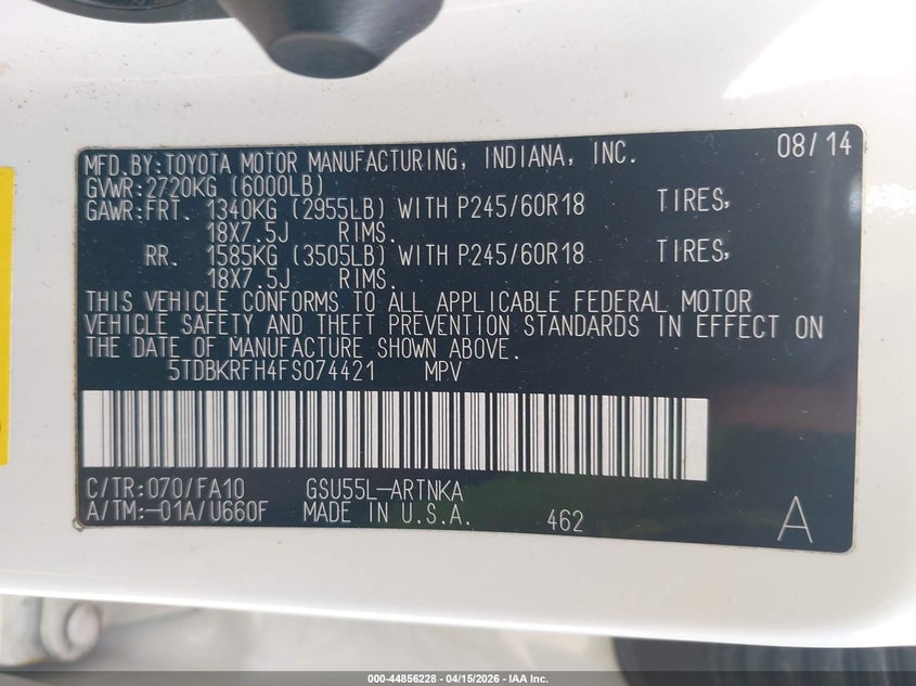 2015 Toyota Highlander Le Plus V6 VIN: 5TDBKRFH4FS074421 Lot: 44856228