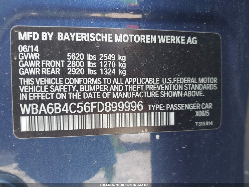 2015 BMW 650I Gran Coupe xDrive VIN: WBA6B4C56FD899996 Lot: 44856278