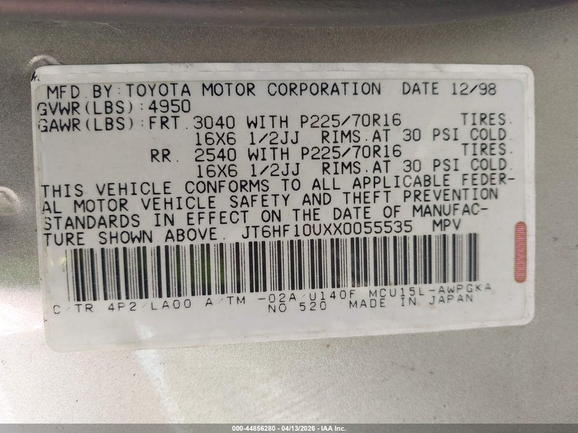 1999 Lexus Rx 300 VIN: JT6HF10UXX0055535 Lot: 44856280