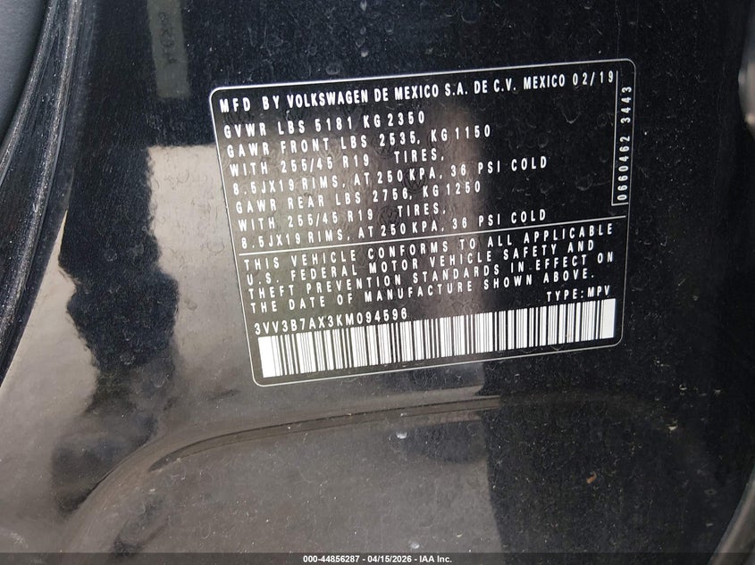 2019 Volkswagen Tiguan 2.0T Se/2.0T Sel/2.0T Sel R-Line/2.0T Sel R-Line Black VIN: 3VV3B7AX3KM094596 Lot: 44856287