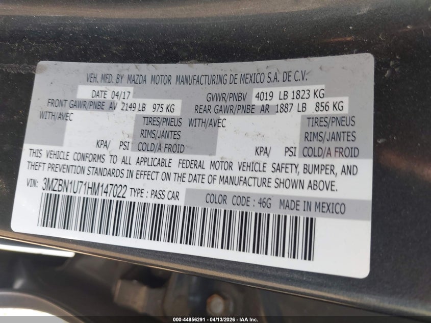 2017 Mazda 3 2.0 Sport grey Lot 111044856291 Vin 3MZBN1U71HM147022