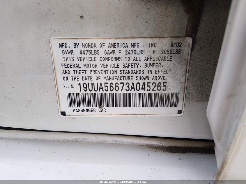 2003 Acura Tl 3.2 VIN: 19UUA56673A045265 Lot: 44856298