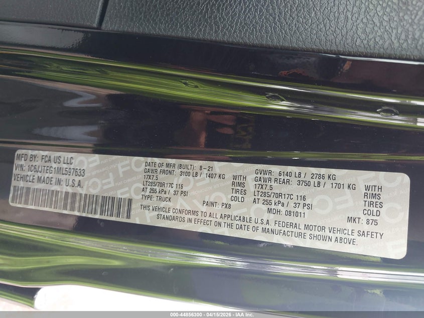 2021 Jeep Gladiator Mojave 4X4 VIN: 1C6JJTEG1ML597633 Lot: 44856300