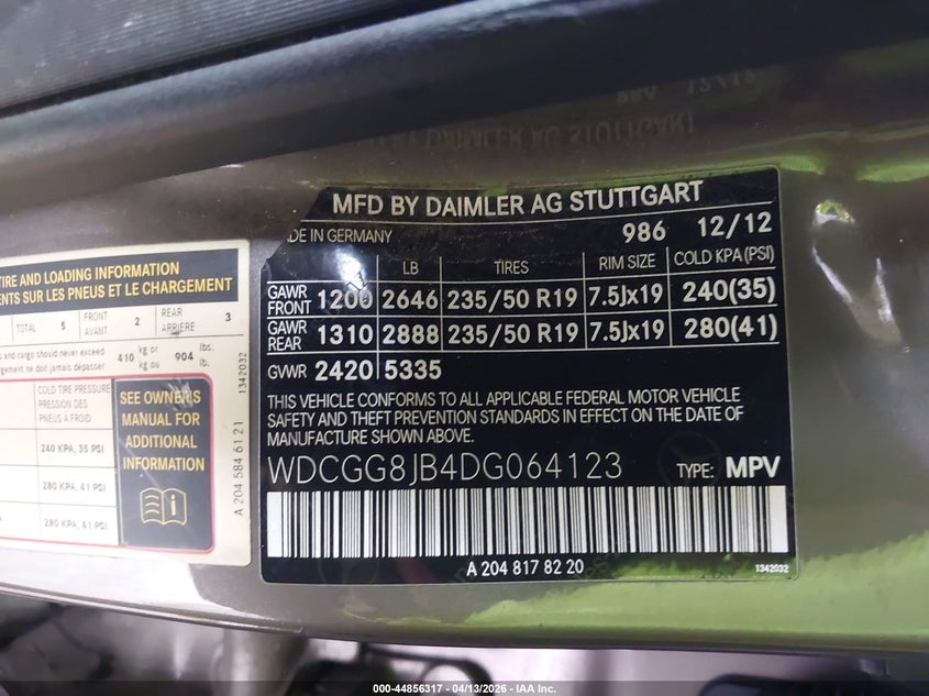 2013 Mercedes-Benz Glk 350 4Matic VIN: WDCGG8JB4DG064123 Lot: 44856317