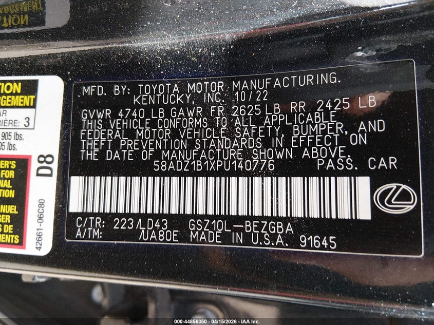 2023 Lexus Es 350 VIN: 58ADZ1B1XPU140776 Lot: 44856350