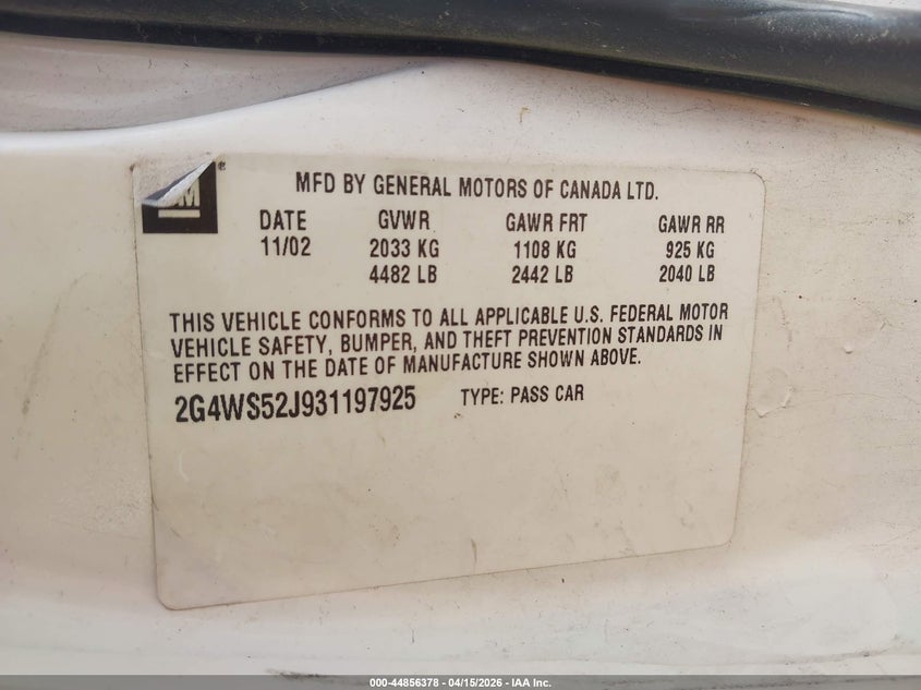 2003 Buick Century Custom VIN: 2G4WS52J931197925 Lot: 44856378