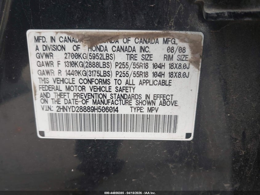 2009 Acura Mdx Sport Package VIN: 2HNYD28889H506014 Lot: 44856385