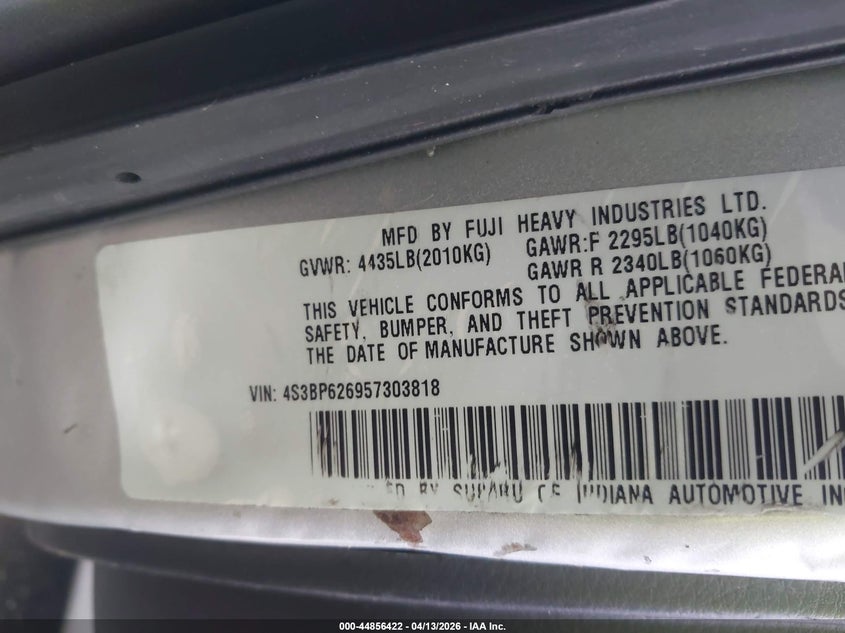 2005 Subaru Legacy 2.5I Limited VIN: 4S3BP626957303818 Lot: 44856422