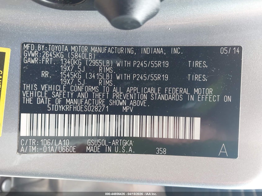 2014 Toyota Highlander Limited V6 VIN: 5TDYKRFH0ES028271 Lot: 44856426
